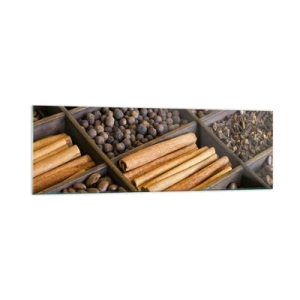 Obraz na szkle - Przyprawy i kawa w drewnianych przegródkach - 160x50cm - Skarbiec aromatów - Nowoczesna dekoracja ścienna do salonu i sypialni ARTTOR