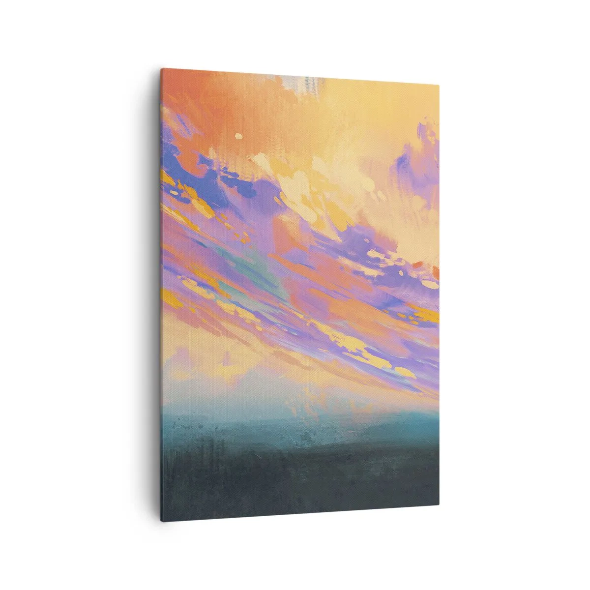 Obraz na płótnie - Dynamiczna scena z postaciami na tle kolorowego nieba o zachodzie słońca - 70x100cm - Siła przyciągania - Nowoczesna dekoracja ścienna do salonu i sypialni ARTTOR