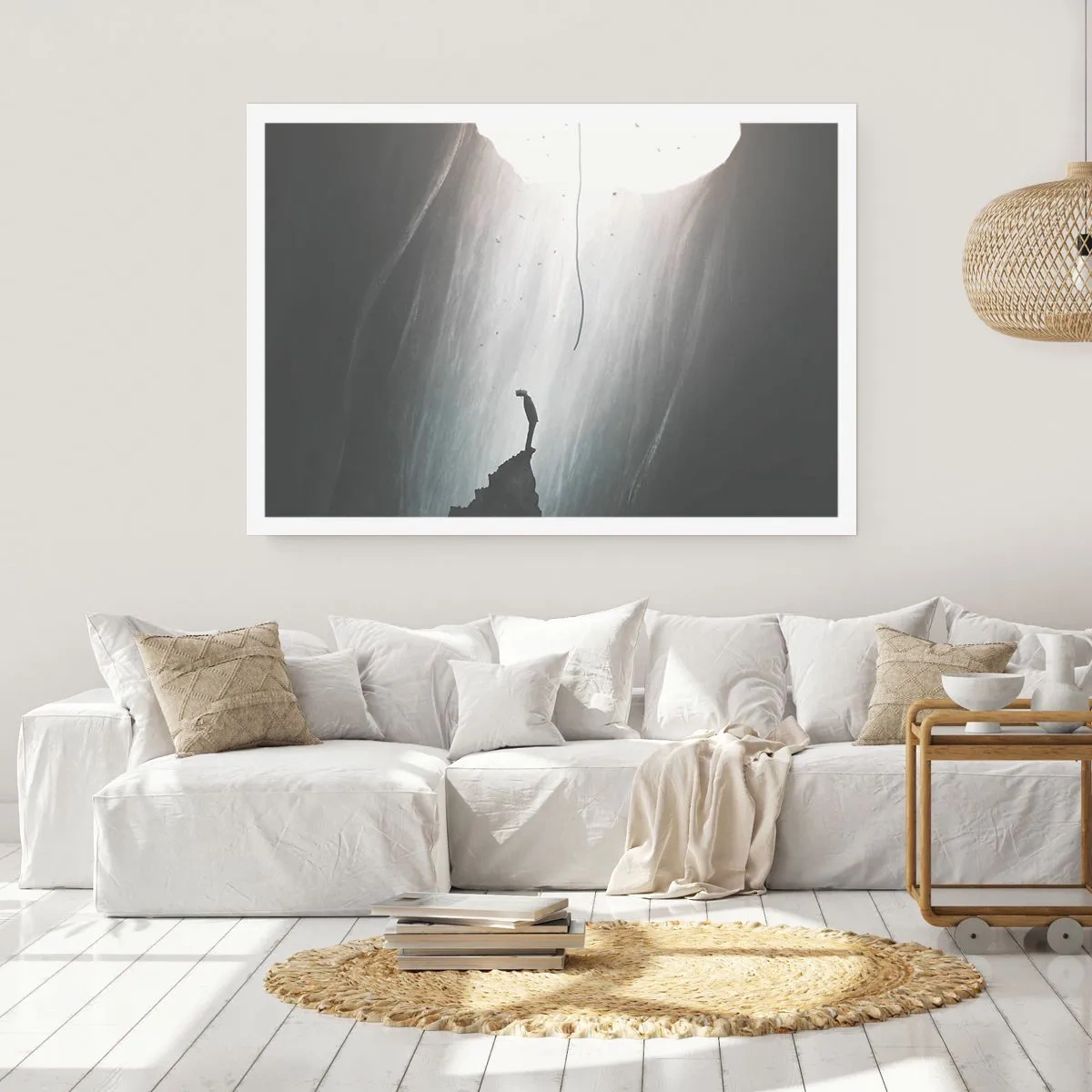 Plakat - Sylwetka człowieka na dnie jaskini z widokiem na światło - 100x70cm - Zawsze jest jakieś wyjście - Nowoczesna dekoracja ścienna do salonu i sypialni ARTTOR