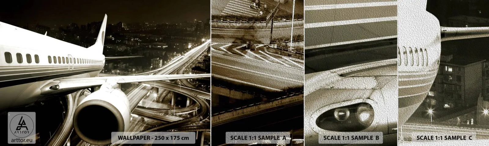 Fototapeta Próbka Premium Sand - Wzlecieć w noc - Samolot, Miasto, Motoryzacja - 100x30 cm