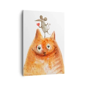 Obraz na płótnie - Rudy kot z szerokim uśmiechem i mysz trzymająca serce - 50x70cm - Paradoksy miłości - Nowoczesna dekoracja ścienna do salonu, kuchni i sypialni ARTTOR