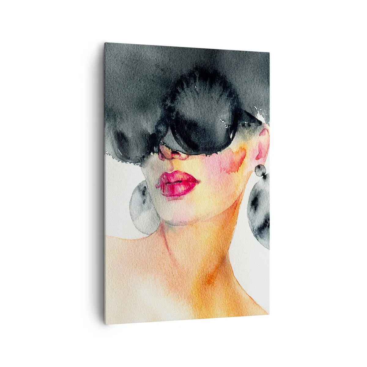 Obraz na płótnie - Kobieta w stylowych okularach i dużych kolczykach - 80x120cm - Tajemnica elegancji - Nowoczesna dekoracja ścienna do salonu i sypialni ARTTOR