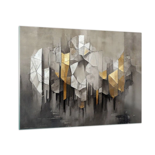Obraz na szkle - Abstrakcyjne bryły w szarościach, bieli i złocie - 70x50cm - Kompozycja z lodu i światła - Nowoczesna dekoracja ścienna do salonu i sypialni ARTTOR