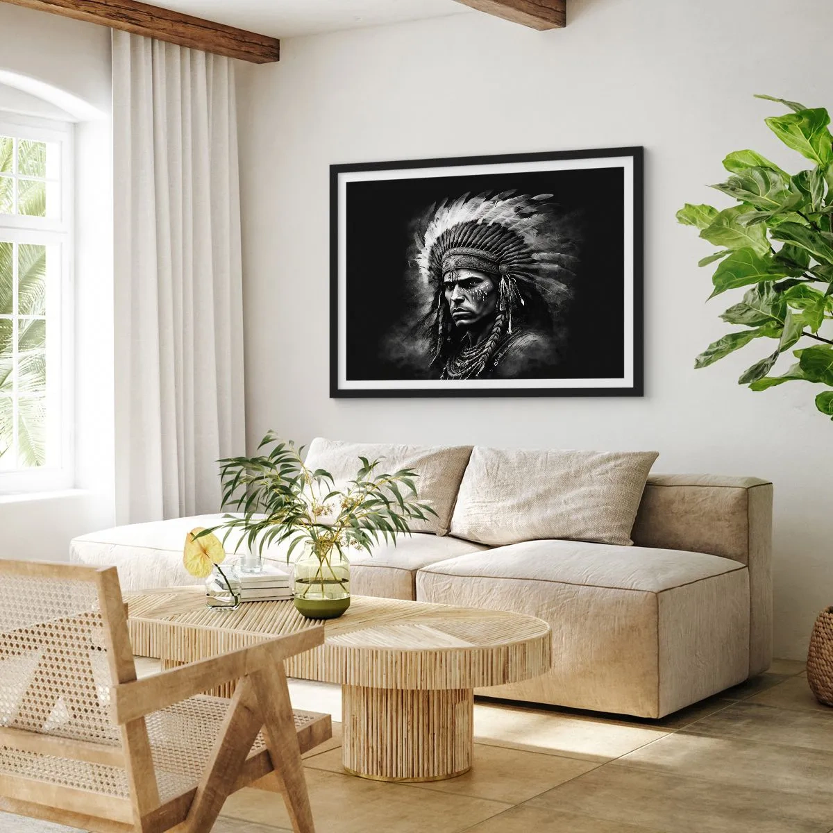 Plakat w czarnej ramie - Portret wodza w pióropuszu na czarnym tle - 70x50cm - Wódz i wojownik - Nowoczesna dekoracja ścienna do salonu i sypialni ARTTOR