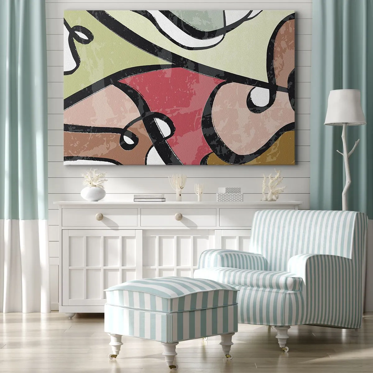 Obraz na płótnie - Kolorowe abstrakcyjne kształty z czarnymi liniami - 70x50cm - Piruety wśród barw - Nowoczesna dekoracja ścienna do salonu i sypialni ARTTOR
