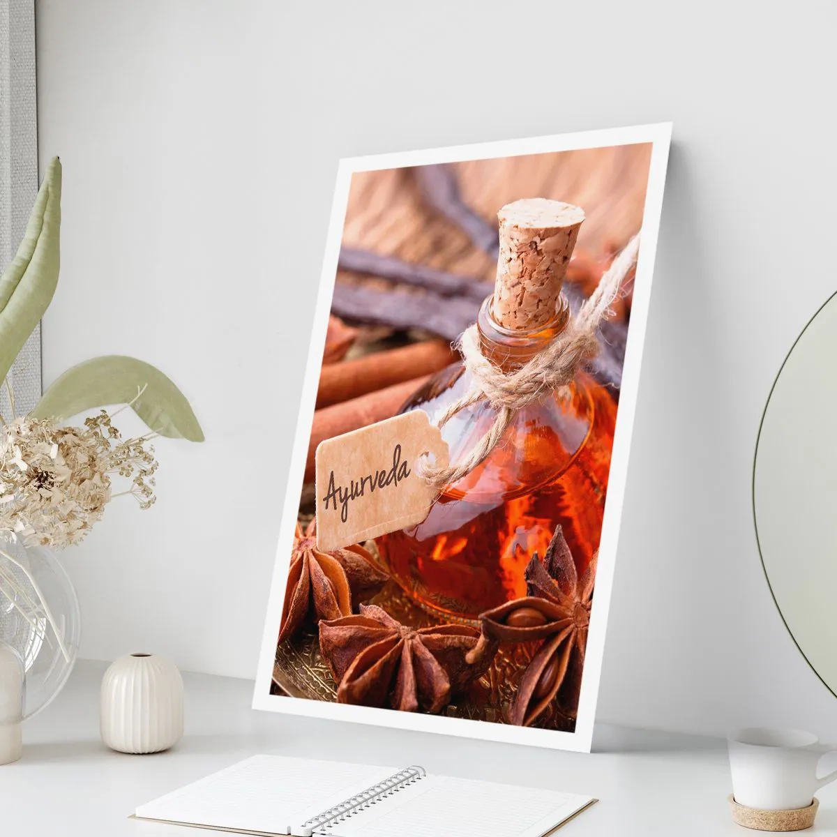 Plakat - Butelka z olejkiem i przyprawami ajurwedyjskimi - 50x70cm - Ku jedności ciała i ducha - Nowoczesna dekoracja ścienna do salonu, kuchni i sypialni ARTTOR