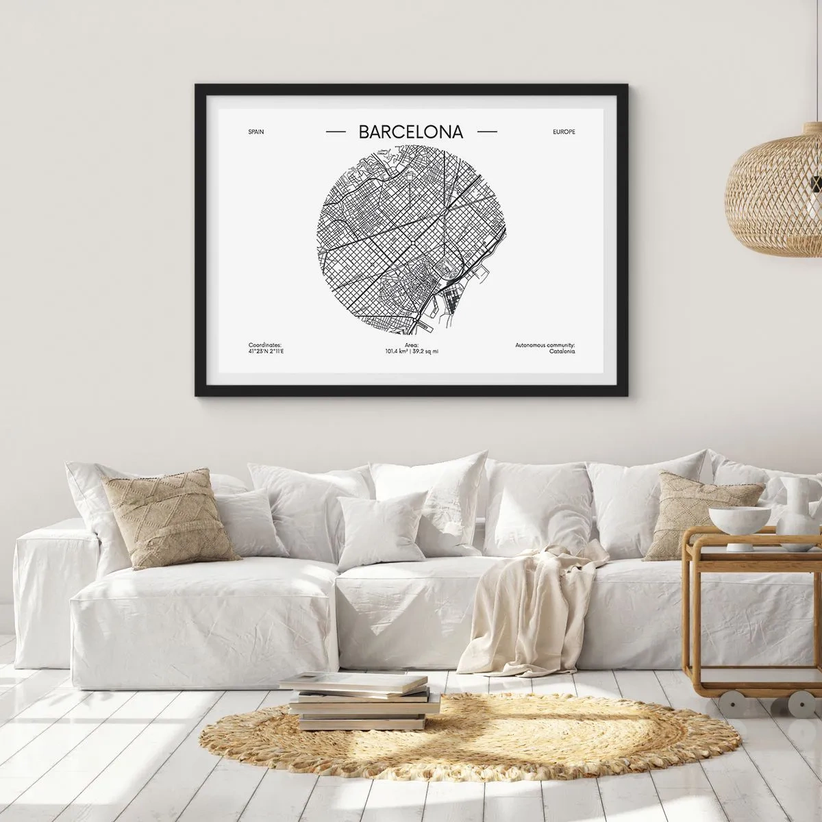 Plakat w czarnej ramie - Mapa Barcelony w minimalistycznym, czarno-białym stylu - 70x50cm - Anatomia Barcelony - Nowoczesna dekoracja ścienna do salonu i sypialni ARTTOR