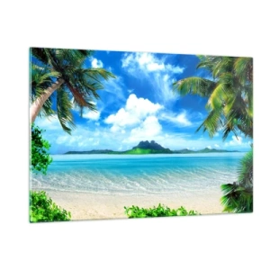 Obraz na szkle - Tropikalna plaża z palmami i widokiem na górzystą wyspę - 120x80cm - Lazur tropików - Nowoczesna dekoracja ścienna do salonu, kuchni i sypialni ARTTOR