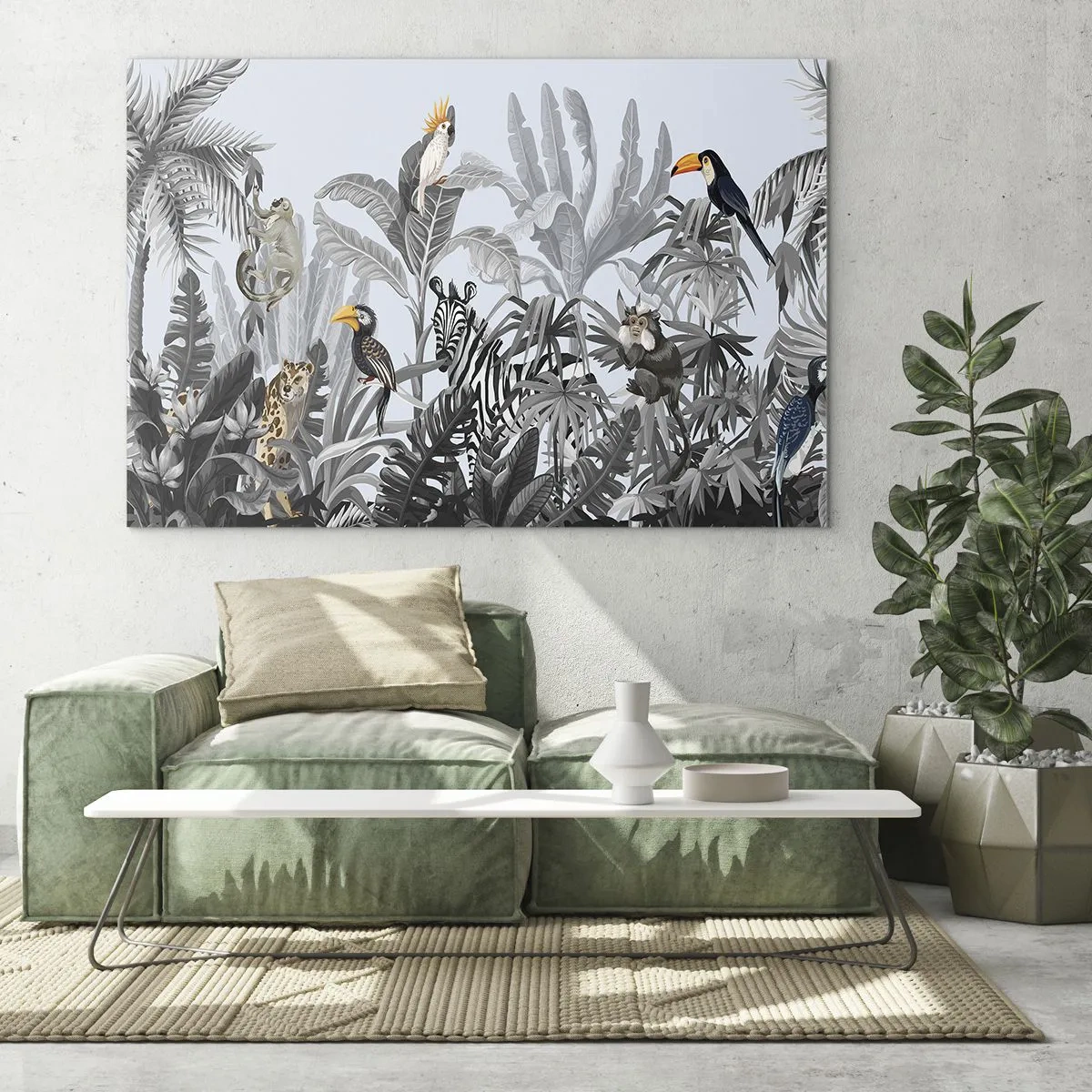 Obraz na szkle - Egzotyczne zwierzęta w czarno-białej dżungli na jasnym tle - 70x50cm - Afrykańska bajka - Nowoczesna dekoracja ścienna do salonu i sypialni ARTTOR