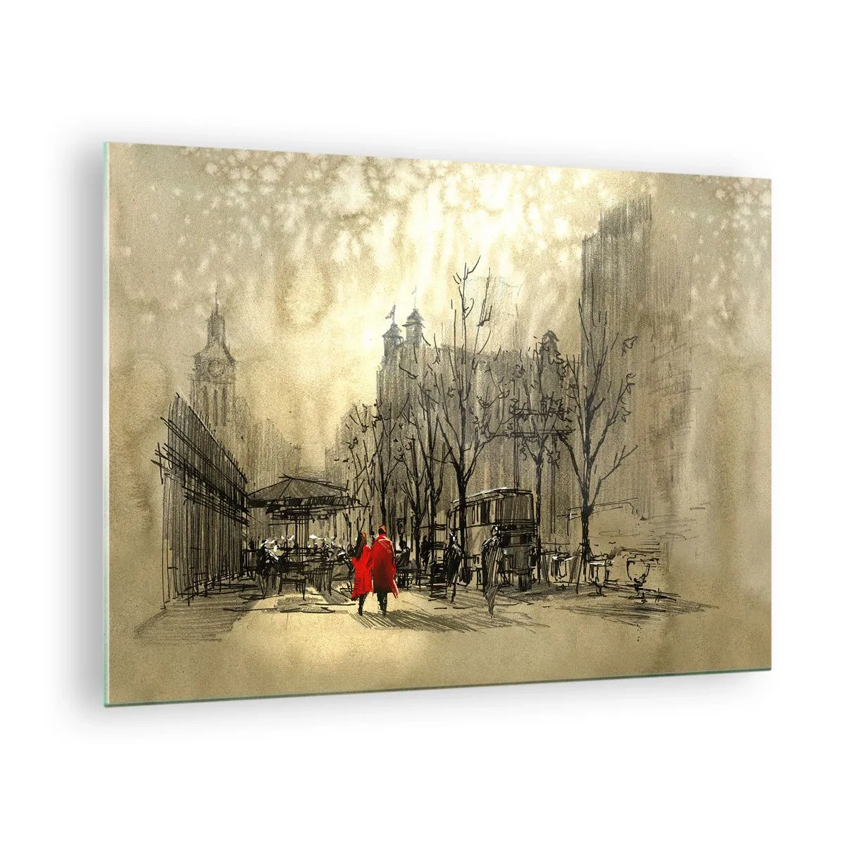 Obraz na szkle - Randka w londyńskiej mgle z akcentem czerwonego płaszcza - 70x50cm - Randka w londyńskiej mgle - Nowoczesna dekoracja ścienna do salonu i sypialni ARTTOR