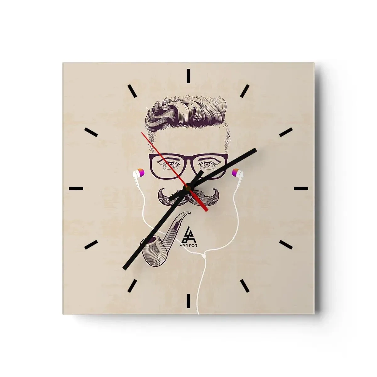 Zegar ścienny - Retro portret mężczyzny z fajką, słuchawkami i okularami - 30x30cm - Prawdziwy mężczyzna? - Nowoczesna dekoracja ścienna do salonu i sypialni ARTTOR