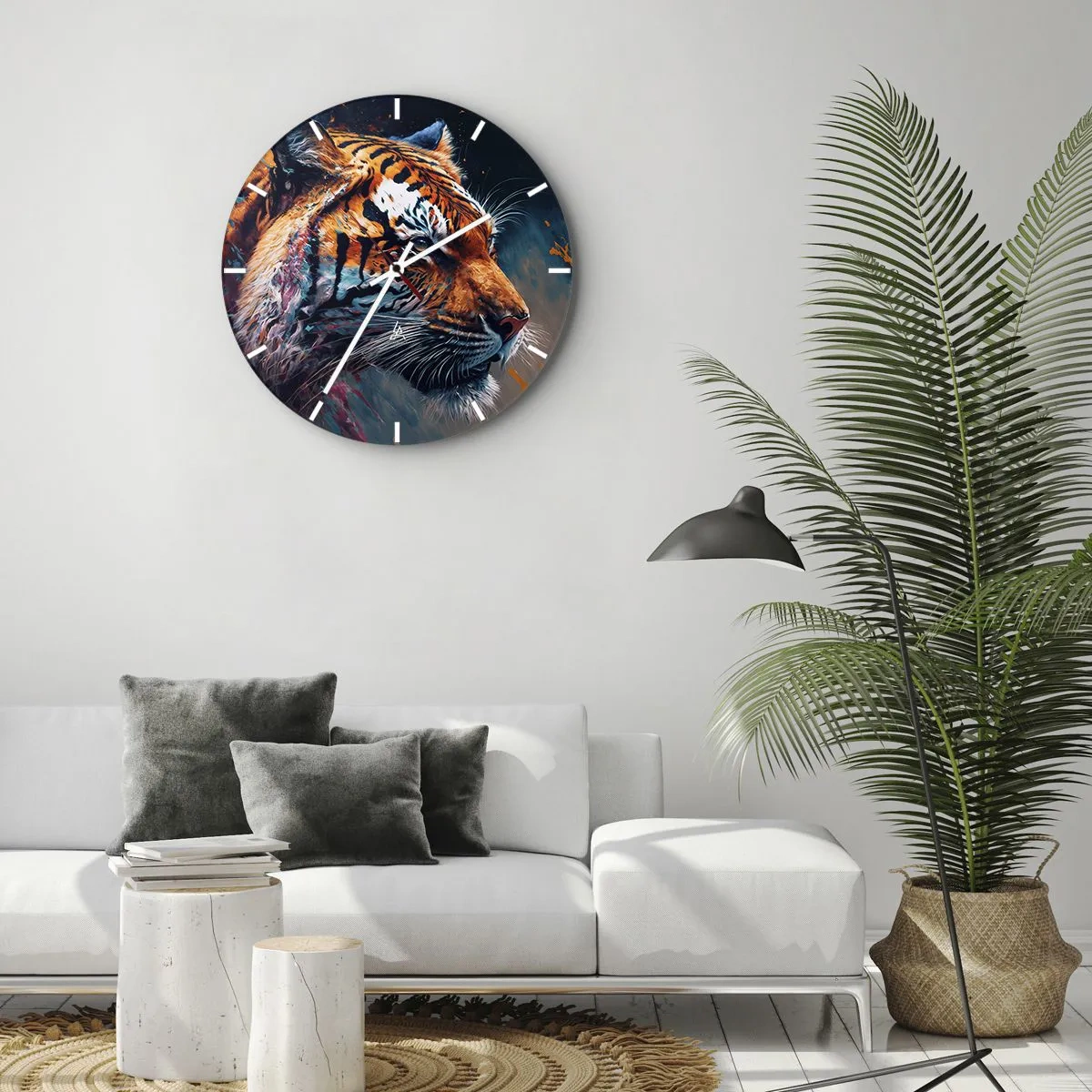 Zegar ścienny - Portret tygrysa w intensywnych barwach z malarskimi akcentami - 30x30cm - Dzikie piękno - Nowoczesna dekoracja ścienna do salonu, kuchni i sypialni ARTTOR