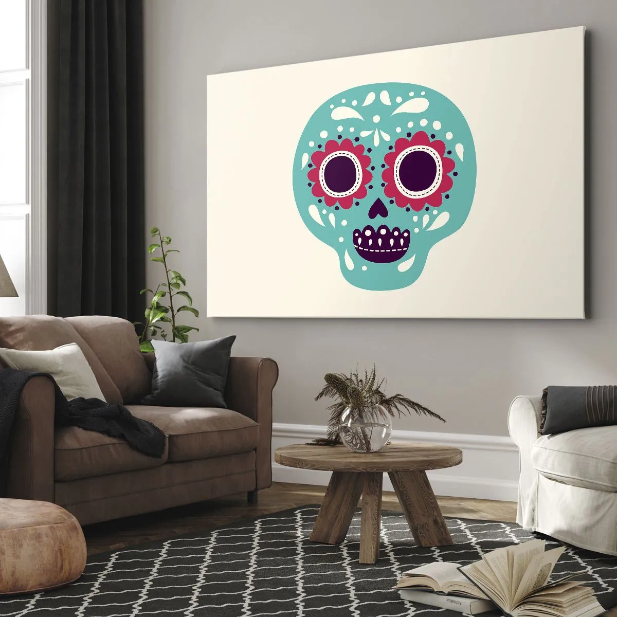 Obraz na płótnie - Cukrowa czaszka w turkusie i fiolecie inspirowana meksykańską kulturą - 70x50cm - Życie – zabawa aż do śmierci - Nowoczesna dekoracja ścienna do salonu i sypialni ARTTOR