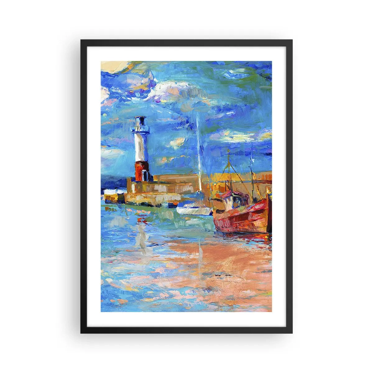 Plakat w czarnej ramie - Malowniczy port z latarnią morską i cumującymi łodziami - 50x70cm - Popołudnie w tęczowej zatoce - Nowoczesna dekoracja ścienna do salonu i sypialni ARTTOR