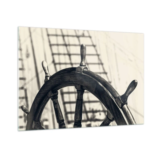 Obraz na szkle - Czarno-białe koło sterowe statku w marynistycznym stylu - 100x70cm - Morskie opowieści - Nowoczesna dekoracja ścienna do salonu, kuchni i sypialni ARTTOR
