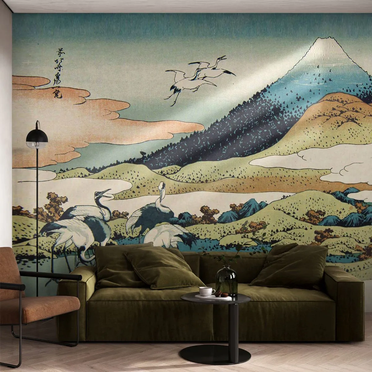 Fototapeta Premium Sand - Japońska ilustracja z górami i żurawiami - 100x70cm - W japońskim duchu - Nowoczesna dekoracja ścienna do salonu, kuchni i sypialni ARTTOR