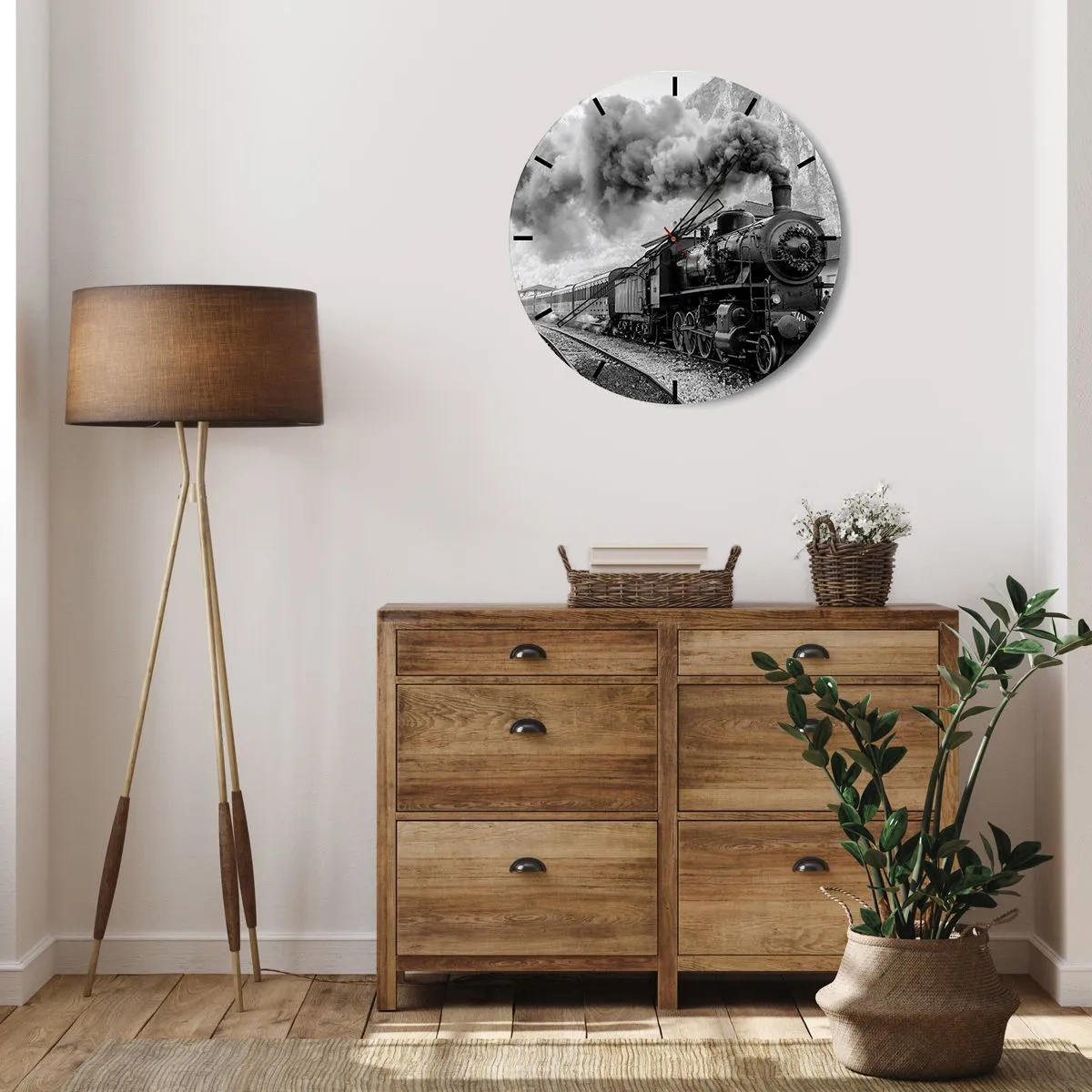 Zegar ścienny - Czarno-biała lokomotywa parowa z dymiącym kominem - 30x30cm - Stoi na stacji… - Nowoczesna dekoracja ścienna do salonu, kuchni i sypialni ARTTOR