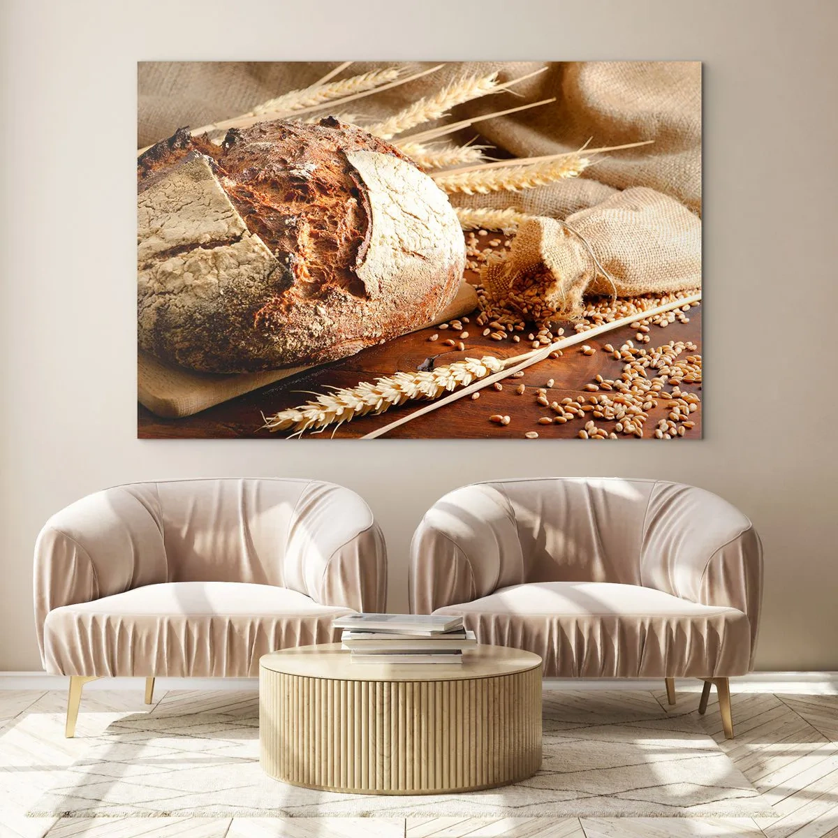 Obraz na szkle - Chleb na desce z kłosami pszenicy i workami na ziarna - 70x50cm - Apetyczny, wonny, chrupiący - Nowoczesna dekoracja ścienna do salonu i sypialni ARTTOR