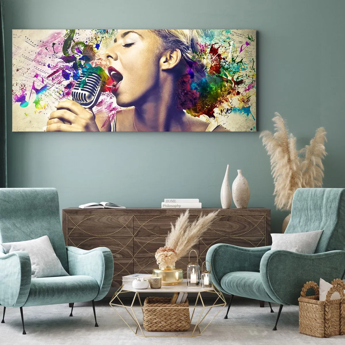 Obraz na płótnie - Artystyczny portret kobiety śpiewającej z kolorowymi efektami - 160x50cm - Pomalować głosem świat - Nowoczesna dekoracja ścienna do salonu i sypialni ARTTOR