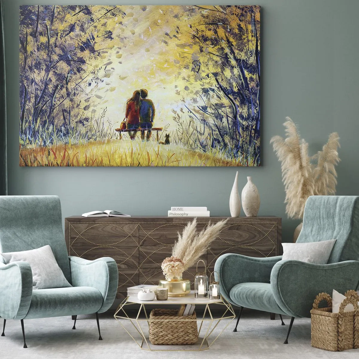 Obraz na płótnie - Para siedząca na ławce wśród jesiennych drzew w świetle słońca - 70x50cm - Magiczna chwila - Nowoczesna dekoracja ścienna do salonu i sypialni ARTTOR
