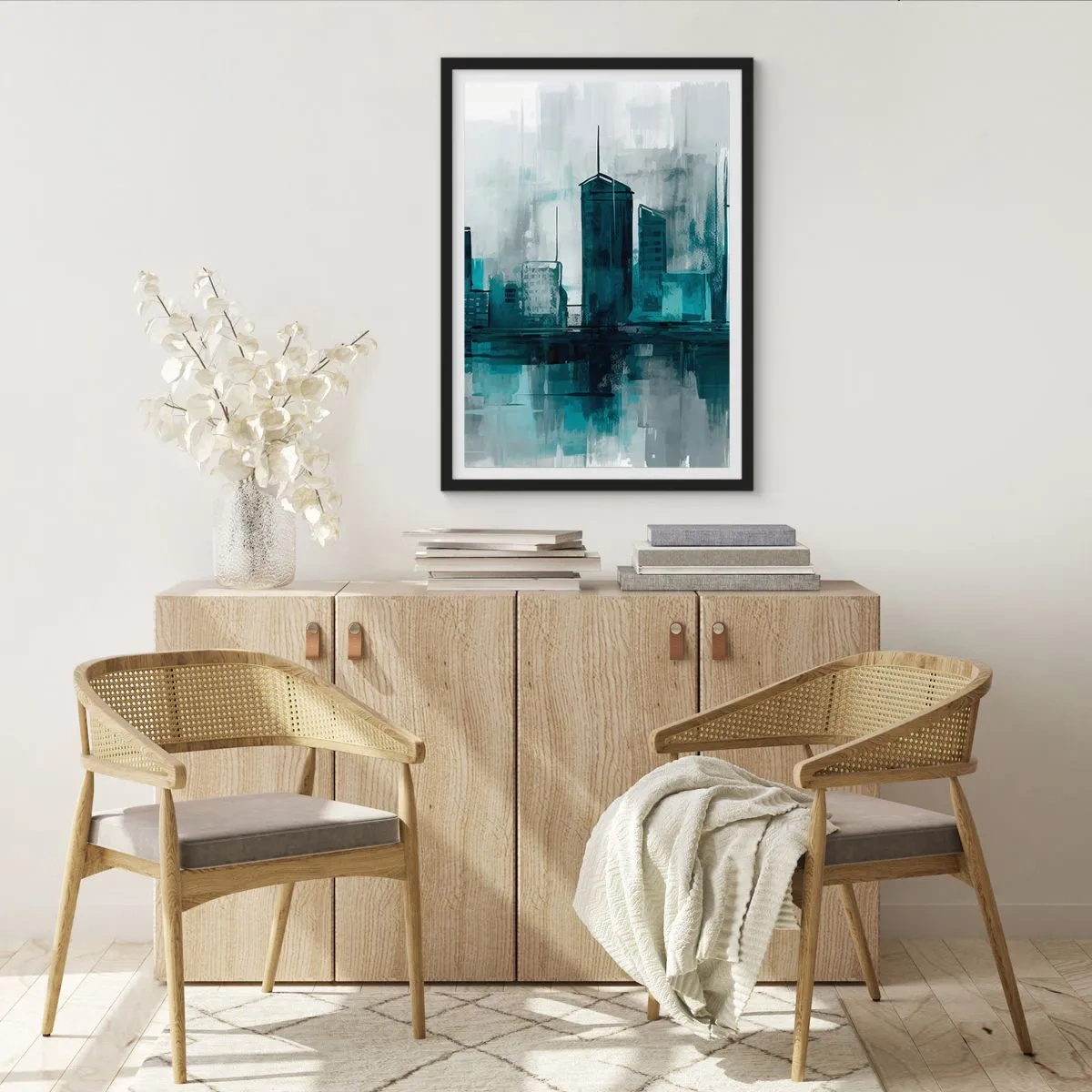 Plakat w czarnej ramie - Nowoczesna panorama miasta w odcieniach niebieskiego - 50x70cm - Miasto w kolorze deszczu - Nowoczesna dekoracja ścienna do salonu i sypialni ARTTOR