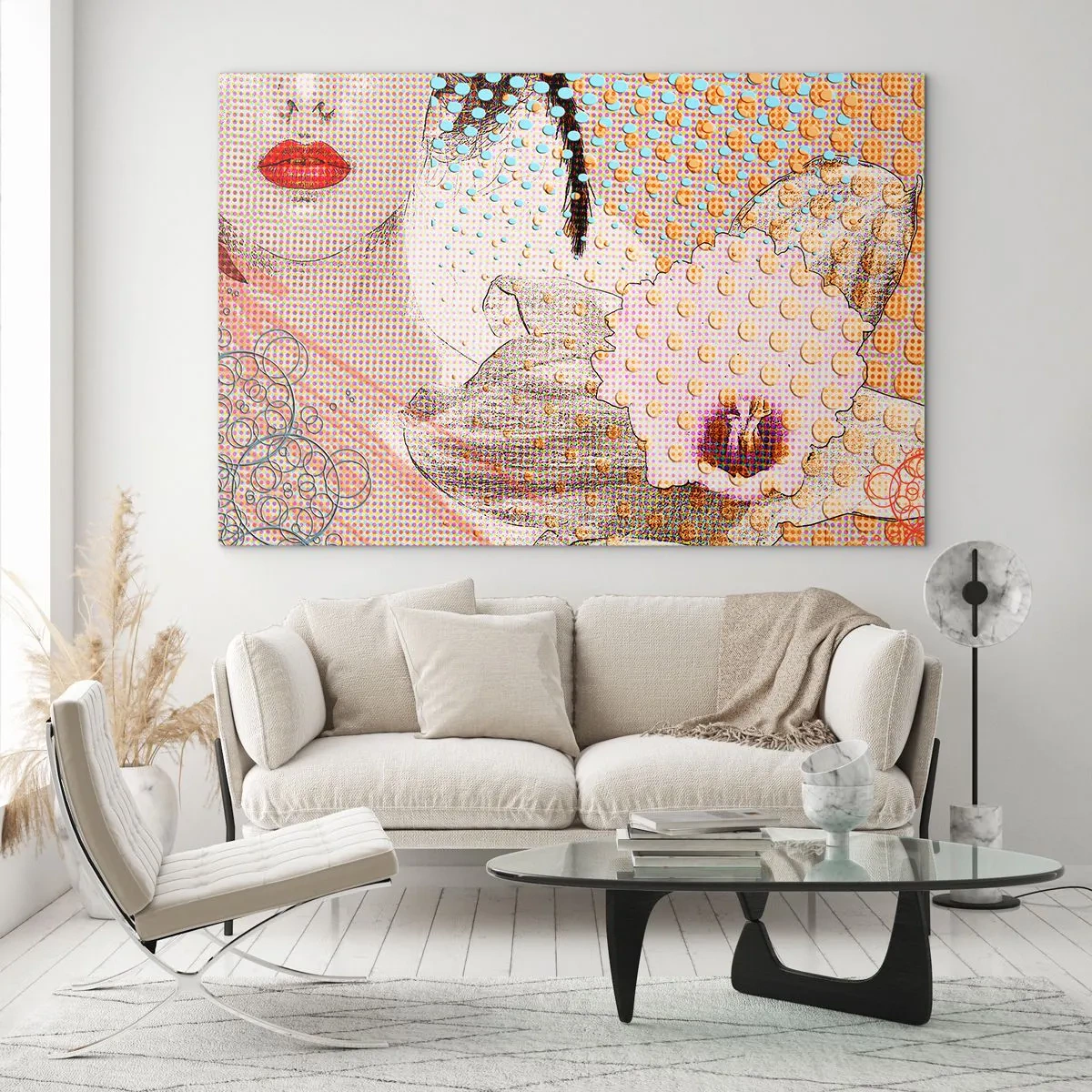 Obraz na szkle - Ilustracja przedstawiająca portret kobiety z kwiatem w tle w stylu pop-art - 120x80cm - Komiksowa heroina - Nowoczesna dekoracja ścienna do salonu, kuchni i sypialni ARTTOR