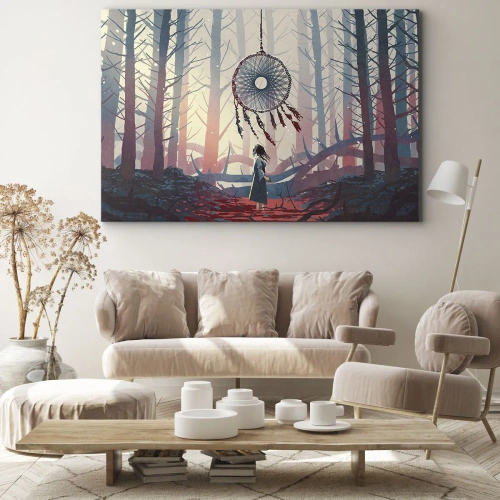 Obraz na płótnie - Tajemny rytuał szczęścia - Leśna scena z wielkim łapaczem snów - 70x50cm