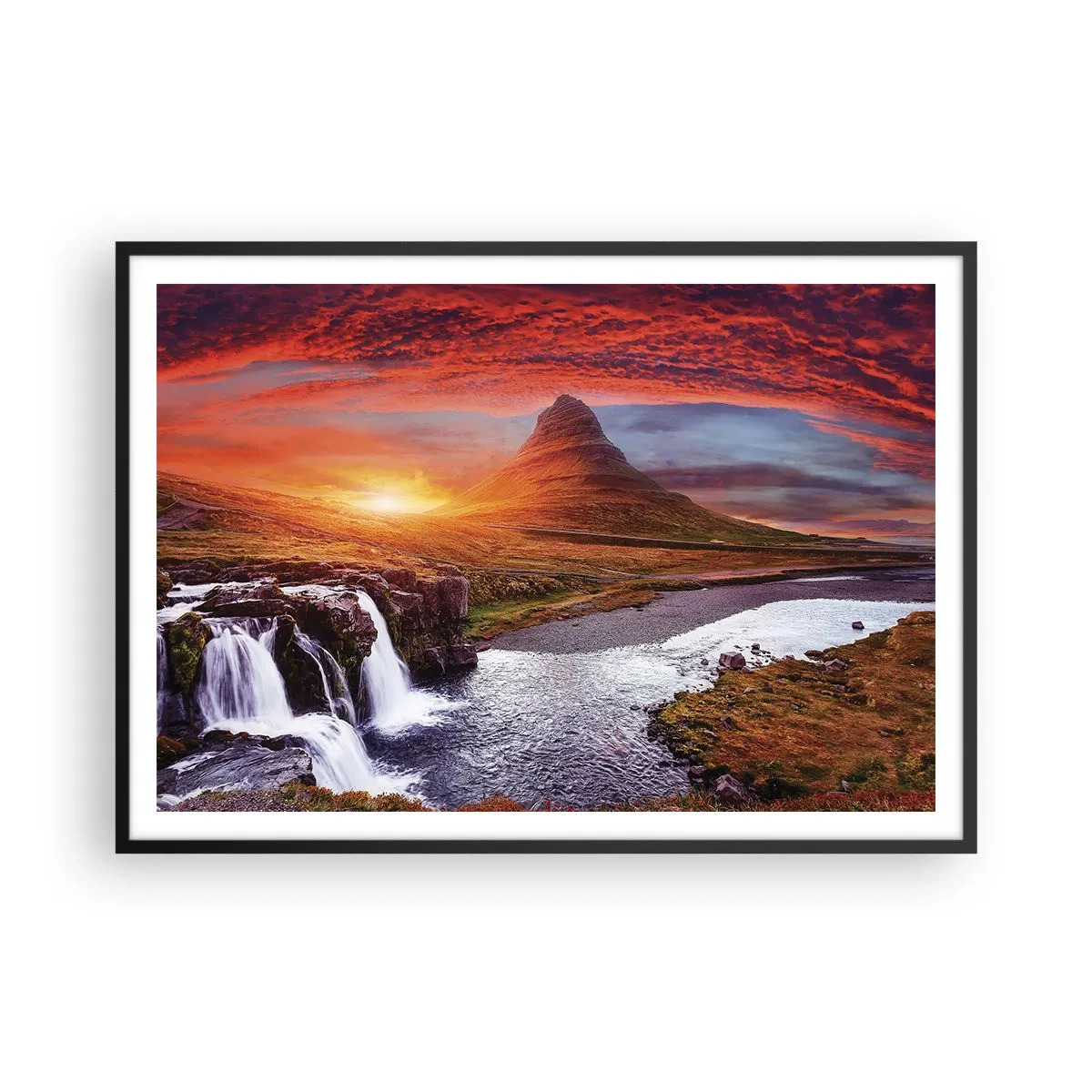 Plakat w czarnej ramie - Górska sceneria z wodospadem o zachodzie słońca - 100x70cm - Widok Śródziemia - Nowoczesna dekoracja ścienna do salonu i sypialni ARTTOR