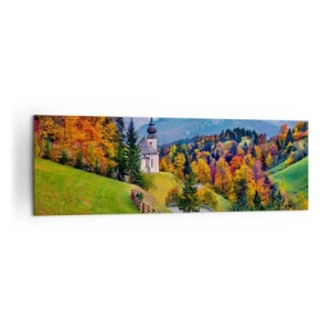 Obraz na płótnie - Jesienna górska sceneria z kapliczką i zachodem słońca - 160x50cm - Pejzaż jak malowanie - Nowoczesna dekoracja ścienna do salonu i sypialni ARTTOR