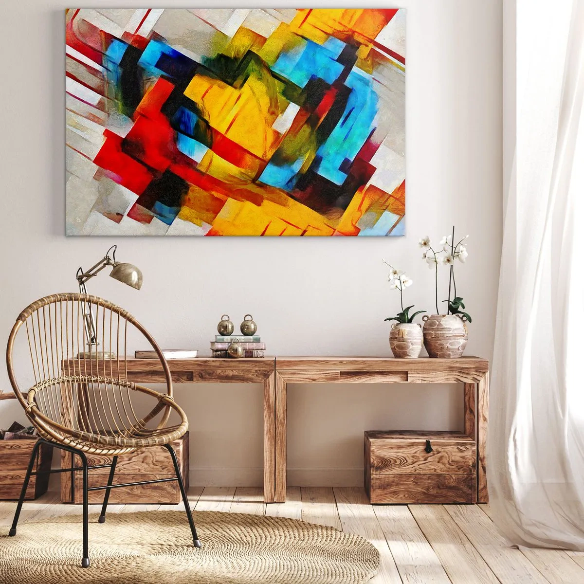 Obraz na płótnie - Abstrakcyjna kompozycja geometryczna w żywych kolorach - 70x50cm - Różnobarwny przekładaniec - Nowoczesna dekoracja ścienna do salonu i sypialni ARTTOR