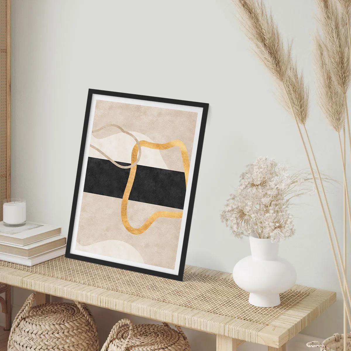 Plakat w czarnej ramie - Abstrakcyjna kompozycja z czernią, złotem i neutralnym tłem - 50x70cm - Kształty zapętlone - Nowoczesna dekoracja ścienna do salonu i sypialni ARTTOR