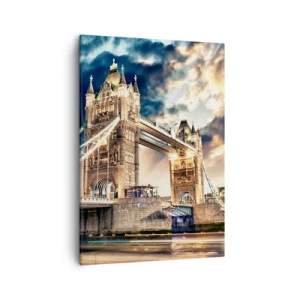 Obraz na płótnie - Tower Bridge w Londynie o zachodzie słońca - 50x70cm - Pomnik wiktoriańskiego imperium - Nowoczesna dekoracja ścienna do salonu, kuchni i sypialni ARTTOR