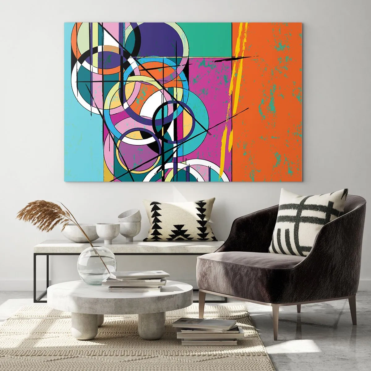 Obraz na szkle - Kolorowa abstrakcja z geometrycznymi kształtami i okręgami - 100x70cm - Koło za kołem - Nowoczesna dekoracja ścienna do salonu, kuchni i sypialni ARTTOR
