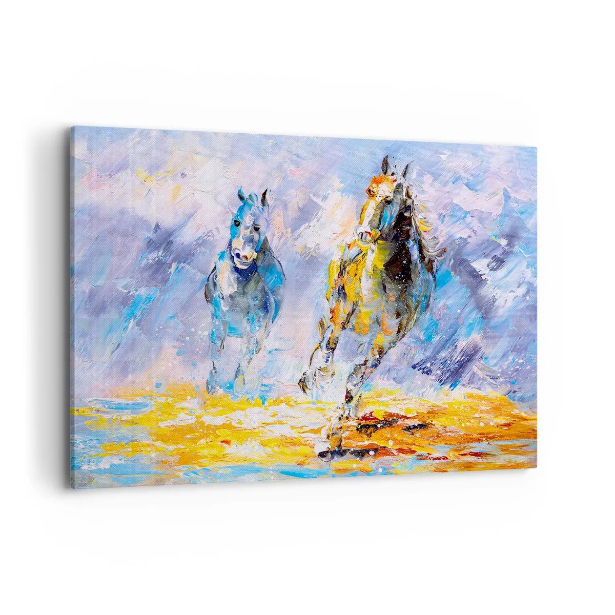 Obraz na płótnie - Dwa konie w ruchu na tle abstrakcyjnego pejzażu - 100x70cm - Galopem przez blask - Nowoczesna dekoracja ścienna do salonu, kuchni i sypialni ARTTOR