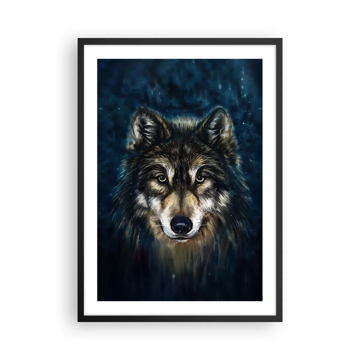 Plakat w czarnej ramie - Portret wilka w ciemnej, artystycznej tonacji - 50x70cm - Alfa? I omega - Nowoczesna dekoracja ścienna do salonu i sypialni ARTTOR
