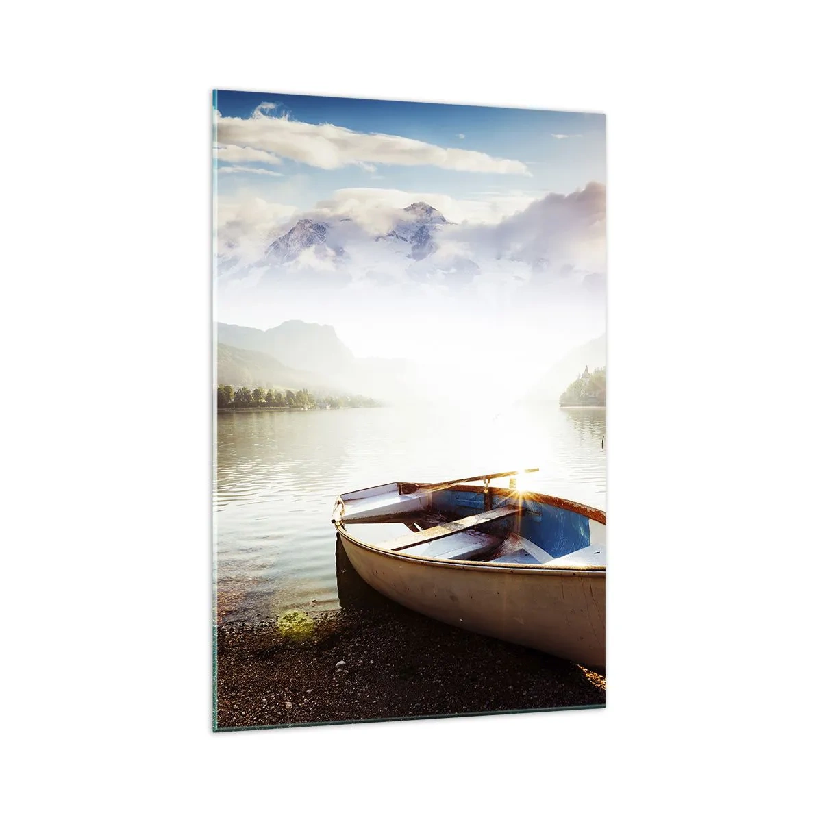 Obraz na szkle - Łódka na brzegu jeziora z widokiem na góry o poranku - 70x100cm - Nad wodą wielką i czystą - Nowoczesna dekoracja ścienna do salonu i sypialni ARTTOR