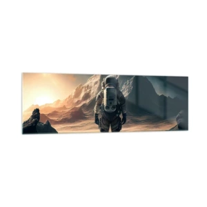 Obraz na szkle - Astronauta na tle majestatycznych gór - 160x50cm - Nowe wyzwanie - Nowoczesna dekoracja ścienna do salonu i sypialni ARTTOR