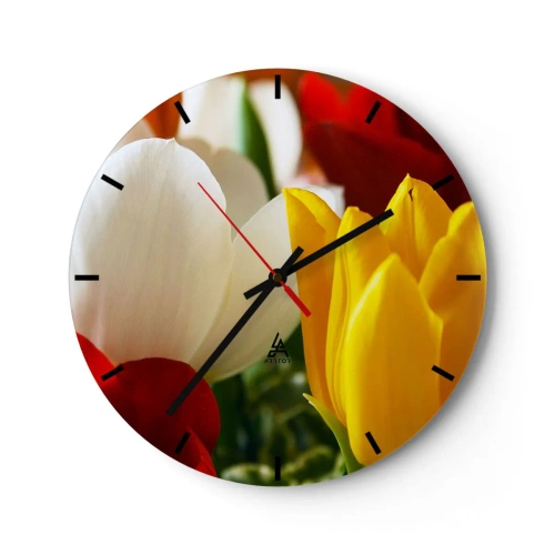 Zegar ścienny - Kolorowe tulipany w zbliżeniu, żółte, białe i czerwone - 30x30cm - Tulipanowa gorączka - Nowoczesna dekoracja ścienna do salonu, kuchni i sypialni ARTTOR
