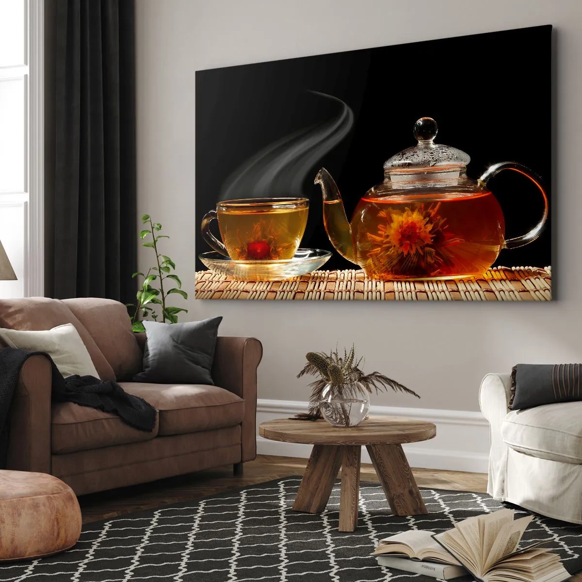 Obraz na płótnie - Szklany czajnik z herbatą kwiatową i filiżanka - 70x50cm - Magia i sztuka parzenia herbaty - Nowoczesna dekoracja ścienna do salonu i sypialni ARTTOR