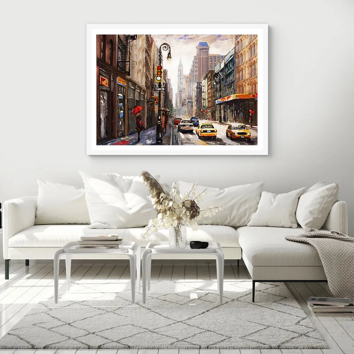 Plakat w białej ramie - Nowy Jork – w deszczu tez kolorowy - 40x30 cm