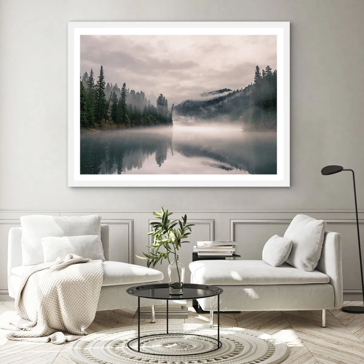 Plakat w białej ramie - W zadumie, we mgle - 100x70 cm