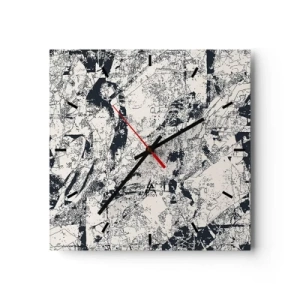 Zegar ścienny - Abstrakcyjna kompozycja w czerni i bieli z dynamicznym układem - 30x30cm - Przenikanie przeciwieństw - Nowoczesna dekoracja ścienna do salonu i sypialni ARTTOR