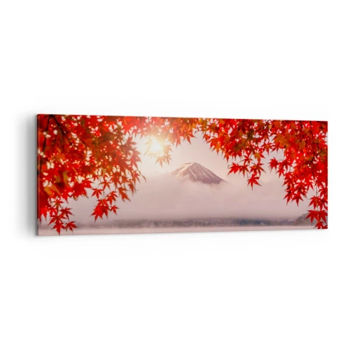 Obraz na płótnie - Łódka na jeziorze otoczona czerwonymi liśćmi klonu - 140x50cm - W japońskim klimacie - Nowoczesna dekoracja ścienna do salonu i sypialni ARTTOR