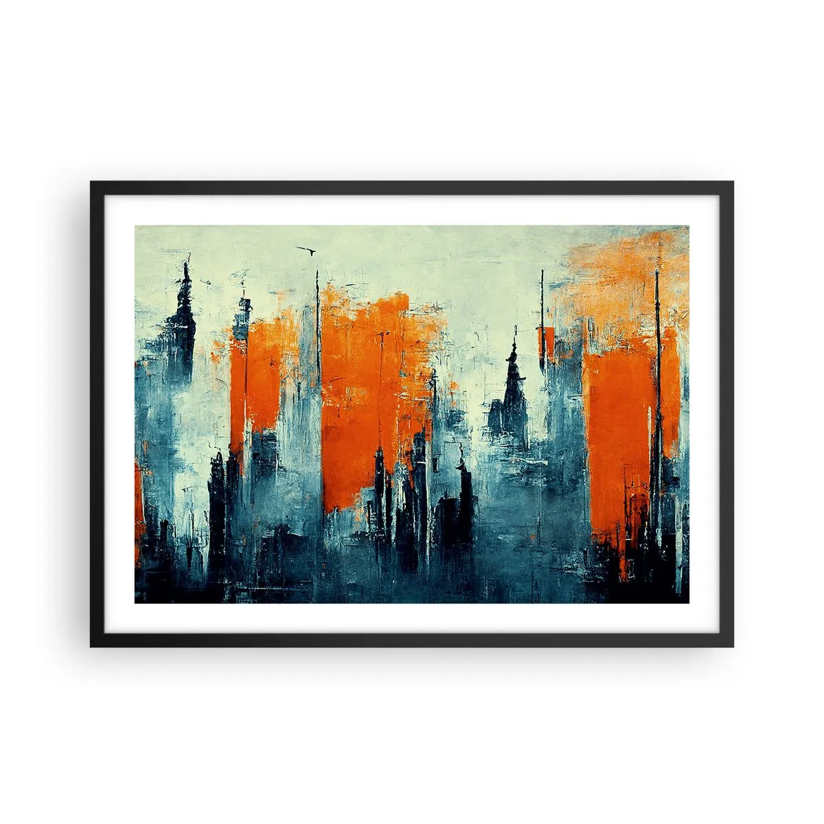 Plakat w czarnej ramie - Abstrakcyjny pejzaż miejski w odcieniach pomarańczu i błękitu - 70x50cm - Pejzaż nowoczesny - Nowoczesna dekoracja ścienna do salonu i sypialni ARTTOR