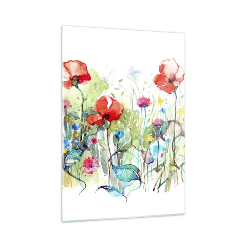 Obraz na szkle - Kolorowe maki i dzikie kwiaty w stylu akwarelowym - 50x70cm - Kwitnąca majem łąka - Nowoczesna dekoracja ścienna do salonu, kuchni i sypialni ARTTOR