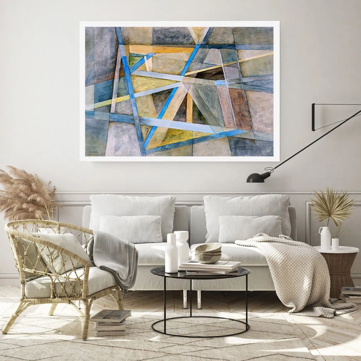 Plakat - Geometryczna kompozycja z jasnymi i niebieskimi liniami - 100x70cm - Na wprost czy na skos? - Nowoczesna dekoracja ścienna do salonu i sypialni ARTTOR