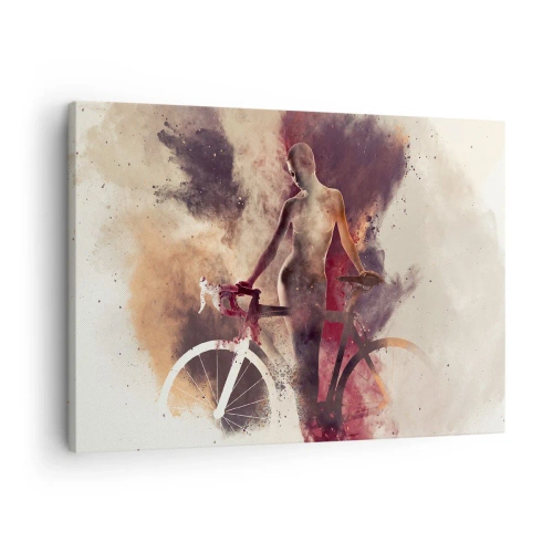 Obraz na płótnie - Abstrakcyjna sylwetka z rowerem w artystycznym stylu - 70x50cm - W marmurowych kształtach rowerowa dusza - Nowoczesna dekoracja ścienna do salonu i sypialni ARTTOR