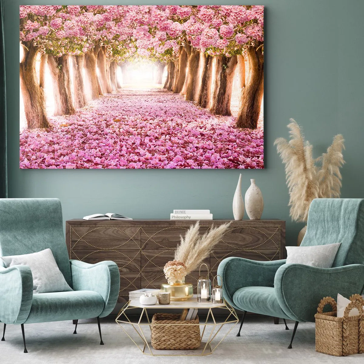 Obraz na płótnie - Aleja kwitnących drzew w odcieniach różu - 70x50cm - Droga do raju - Nowoczesna dekoracja ścienna do salonu i sypialni ARTTOR