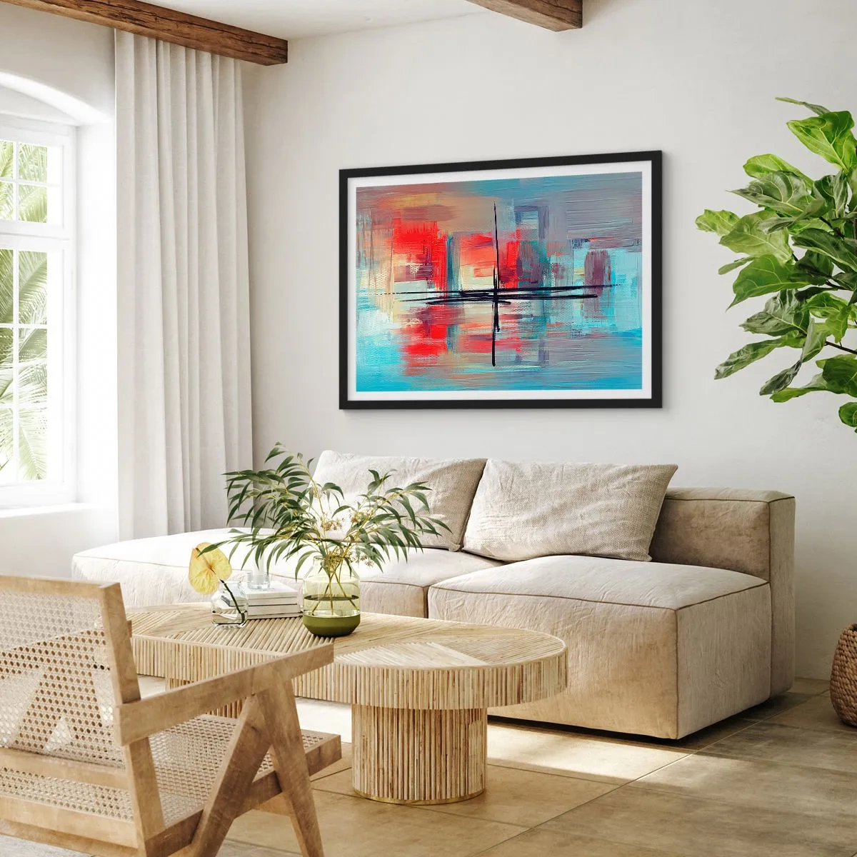 Plakat w czarnej ramie - Abstrakcyjna kompozycja z intensywnymi barwami, liniami i geometrycznymi kształtami - 70x50cm - Pejzaż w nieznanym wymiarze - Nowoczesna dekoracja ścienna do salonu i sypialni ARTTOR