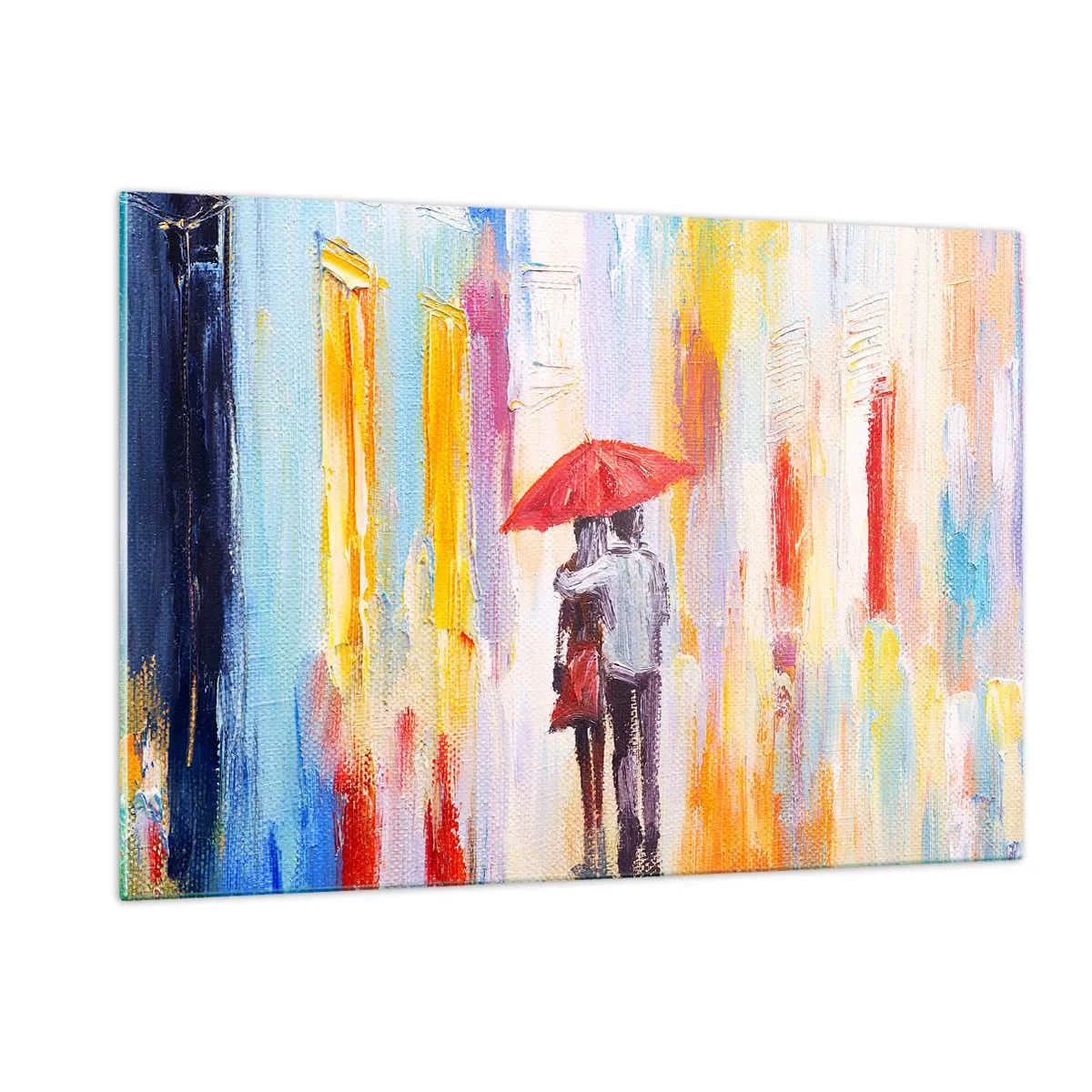 Obraz na szkle - Para trzymająca czerwony parasol w deszczu na tle kolorowej ulicy - 120x80cm - Niech pada dalej - Nowoczesna dekoracja ścienna do salonu, kuchni i sypialni ARTTOR